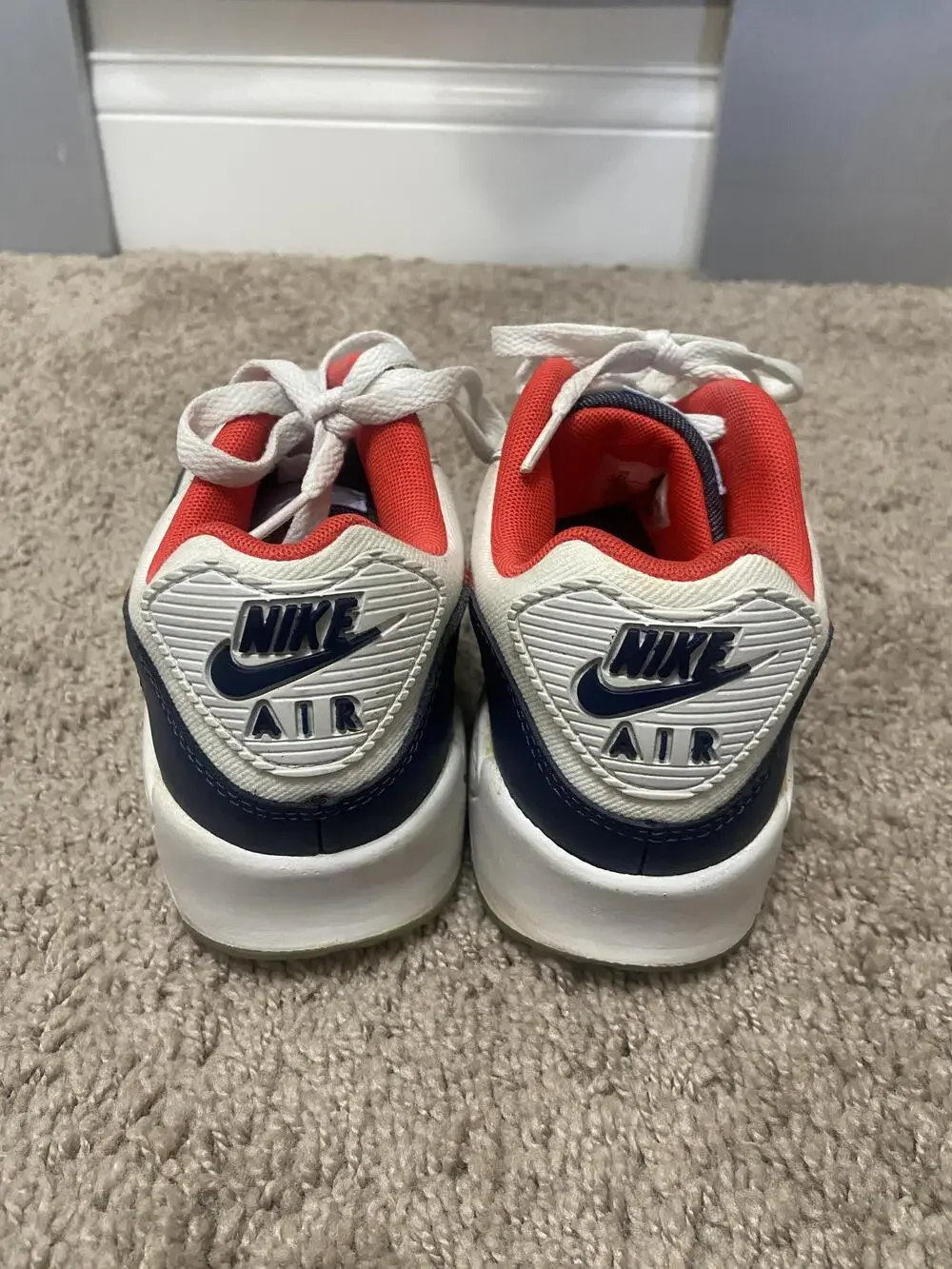 Nike Air Max 90 Shoes Youth Size 7Y White Red Navy Leather Running Sneakers